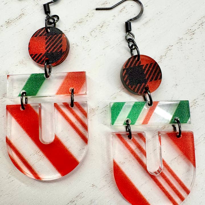3 Layer Striped Acrylic Handmade Christmas Earrings for wholesale by The Poppy Peach, LLC.