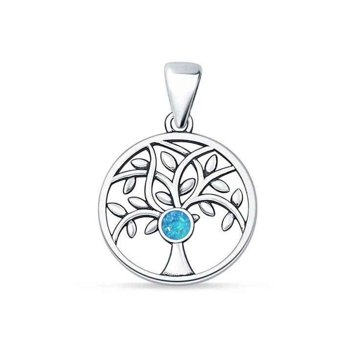 Blue Apple Imports - Wholesale Individual charm/pendant - Lab Created Blue Opal Tree Of Life Pendant Oxidized