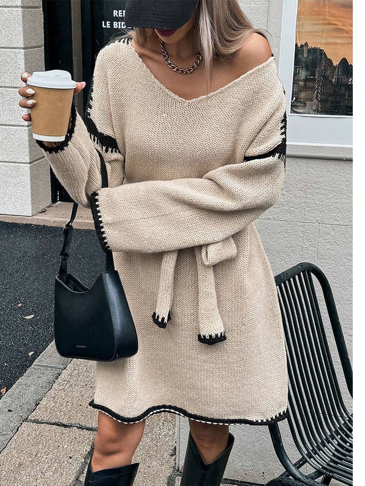 Casual V-Neck Waist Tie and Loose Fit Knit Dress ZK3343 for wholesale by UNISHE