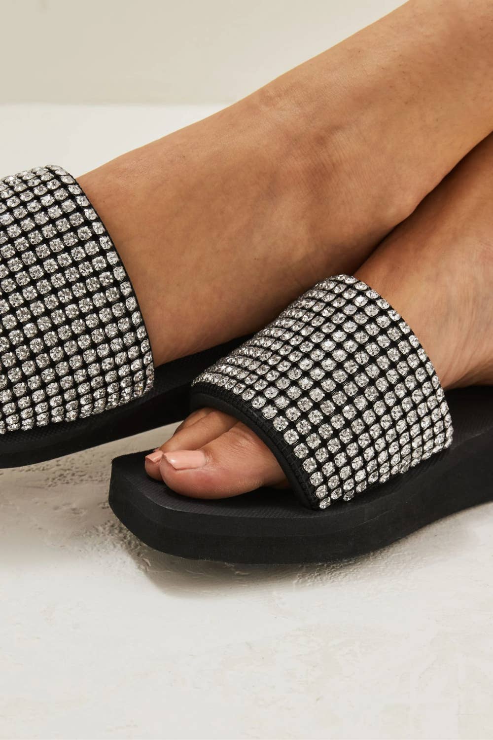 BLACK DIAMANTE FLATFORM SLIP ON SLIDERS for wholesale on Faire1