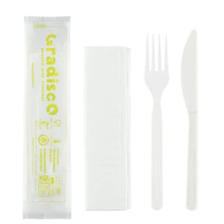 Gradisco - Venta al por mayor Juego de cubiertos - Bis Cubiertos Blancos 17 cm+Servilleta Envolvente - 250 Piezas1