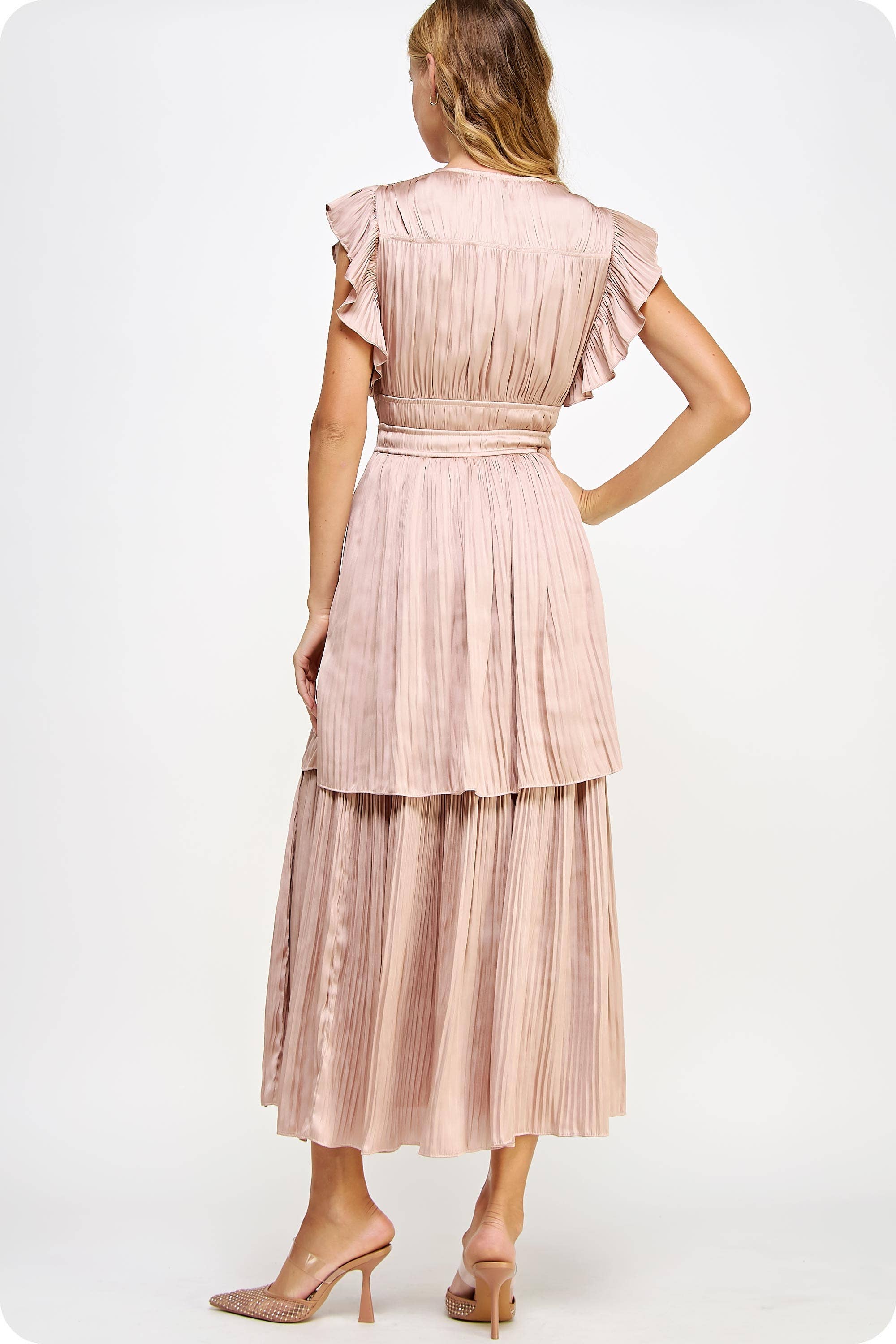 Strut & Bolt – wholesale Dress – Women's – Ruffled Pleated Satin Long Dress2