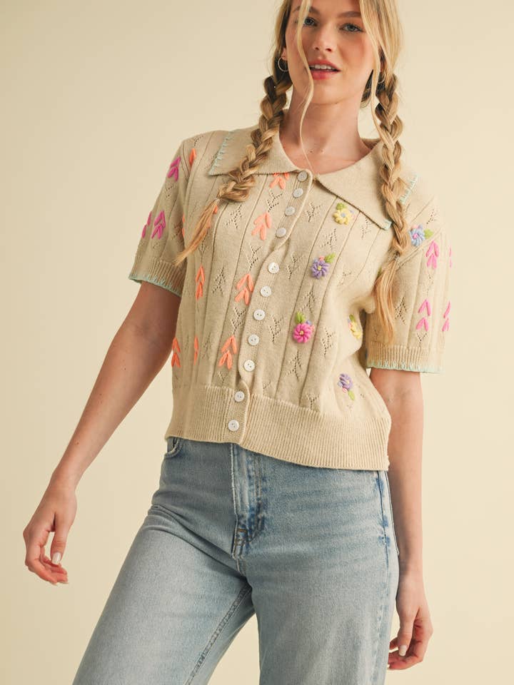 &MERCI - Wholesale Knit Sweater - Women's - HAND EMBROIDERED SHORT SLV BUTTON DOWN SWEATER MSW109539