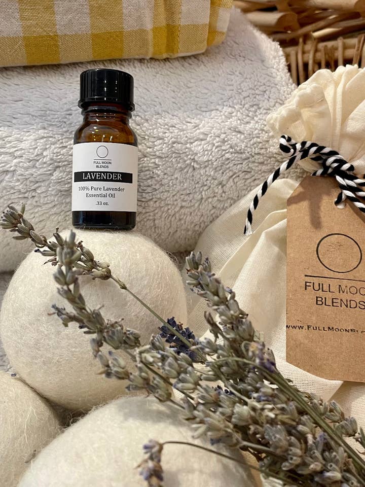 Palline per asciugatrice in lana biologica+set EO alla lavanda biologica per la vendita all'ingrosso da parte di Full Moon Blends