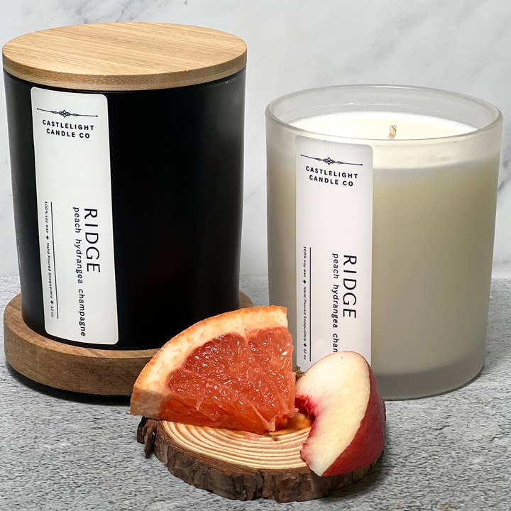 Ridge: Peach + Grapefruit 12 oz Soy Candle for wholesale by Castlelight Candle Co