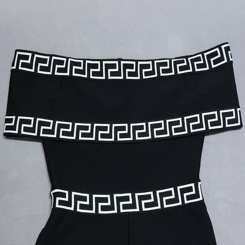 Noir JP014 Combinaison élégante à une épaule à bordure imprimée en vente sur Faire9