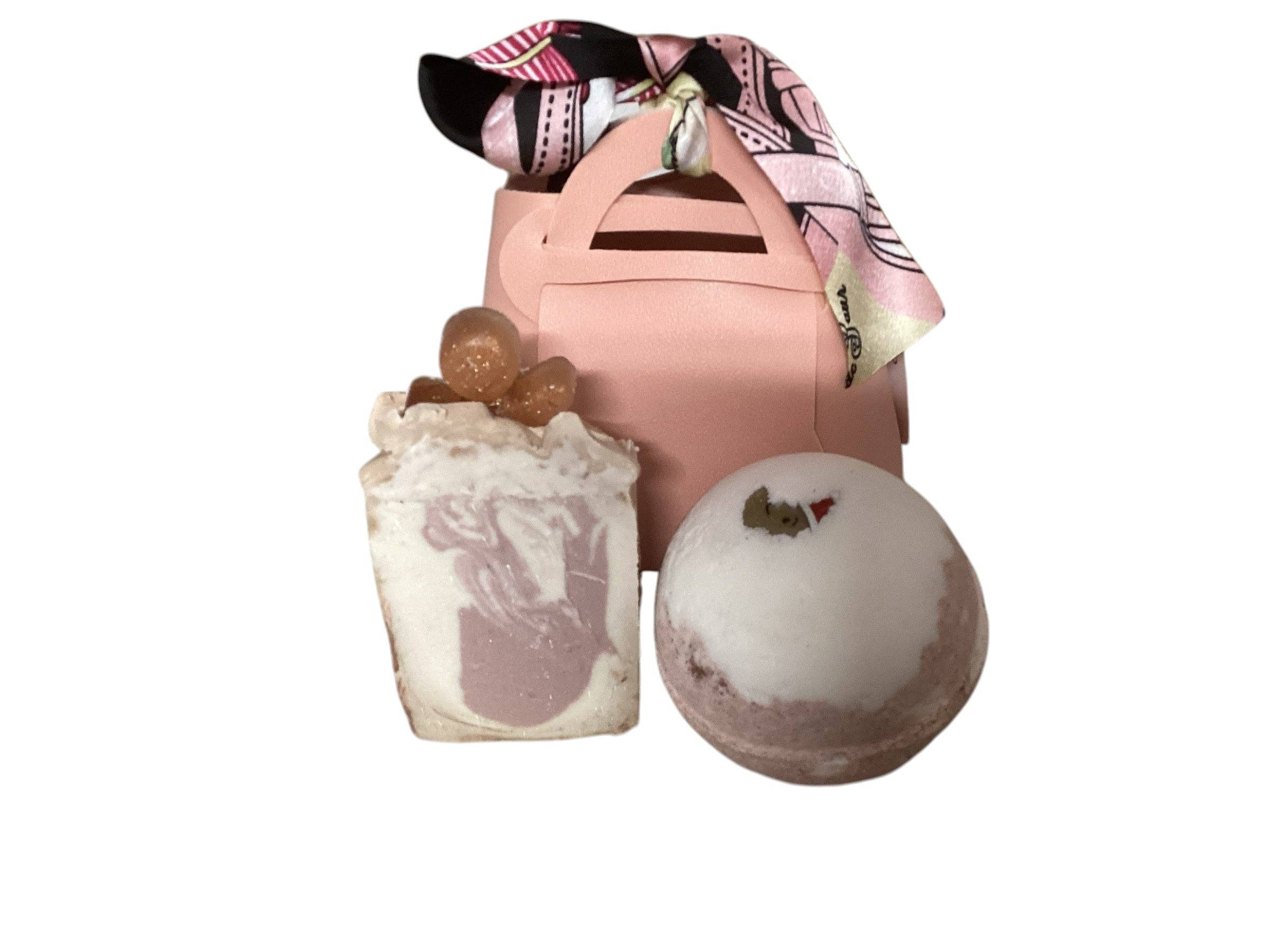 The Stuff I Love - Wholesale Bath & Body Set - Gingerbread Bath Bomb and Soap in a Pink Fabric Handbag Gift Bag, Chic Ladies Gift1
