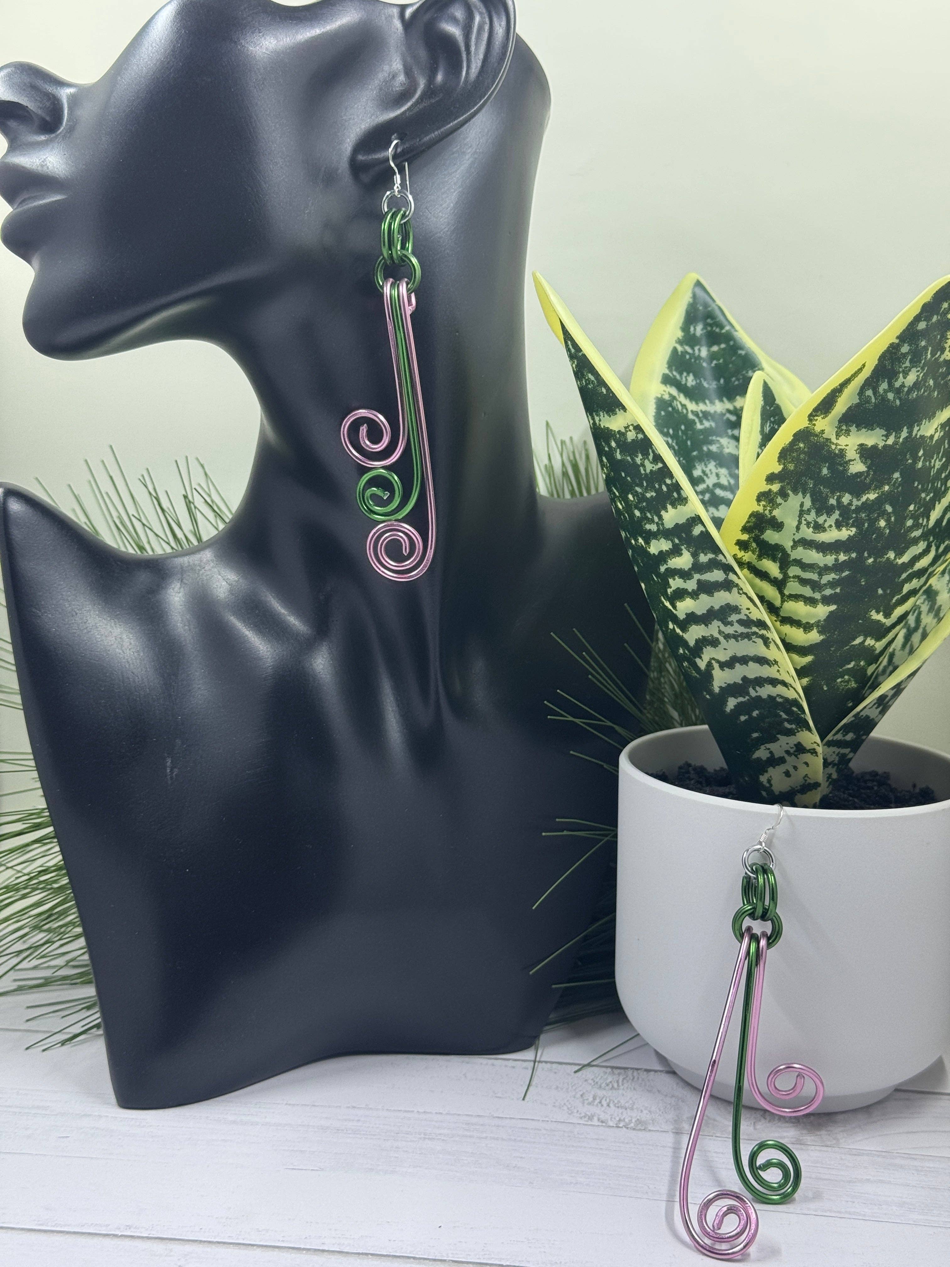 Jewelry With Me - Wholesale Dangle Earrings - AKA Sorority Inspired Pink and Green Spiral Wire Earrings2