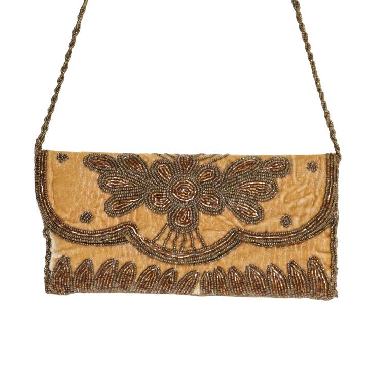 Handmade Soft Beige Cotton & Beads Clutch with Chain Strap for wholesale on Faire1