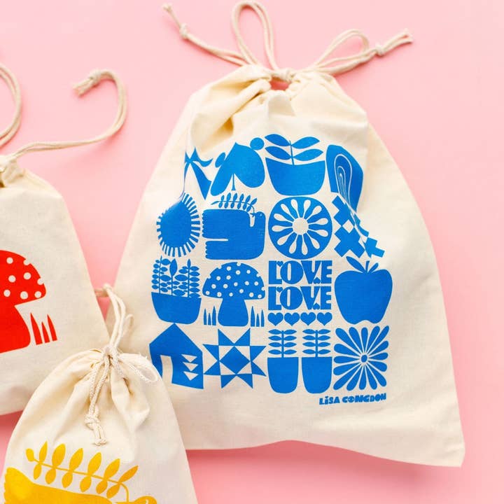 Lisa Congdon Art & Illustration - Wholesale Drawstring Bag - Unisex - Large Cotton Drawstring Pouch - Blue Grid3