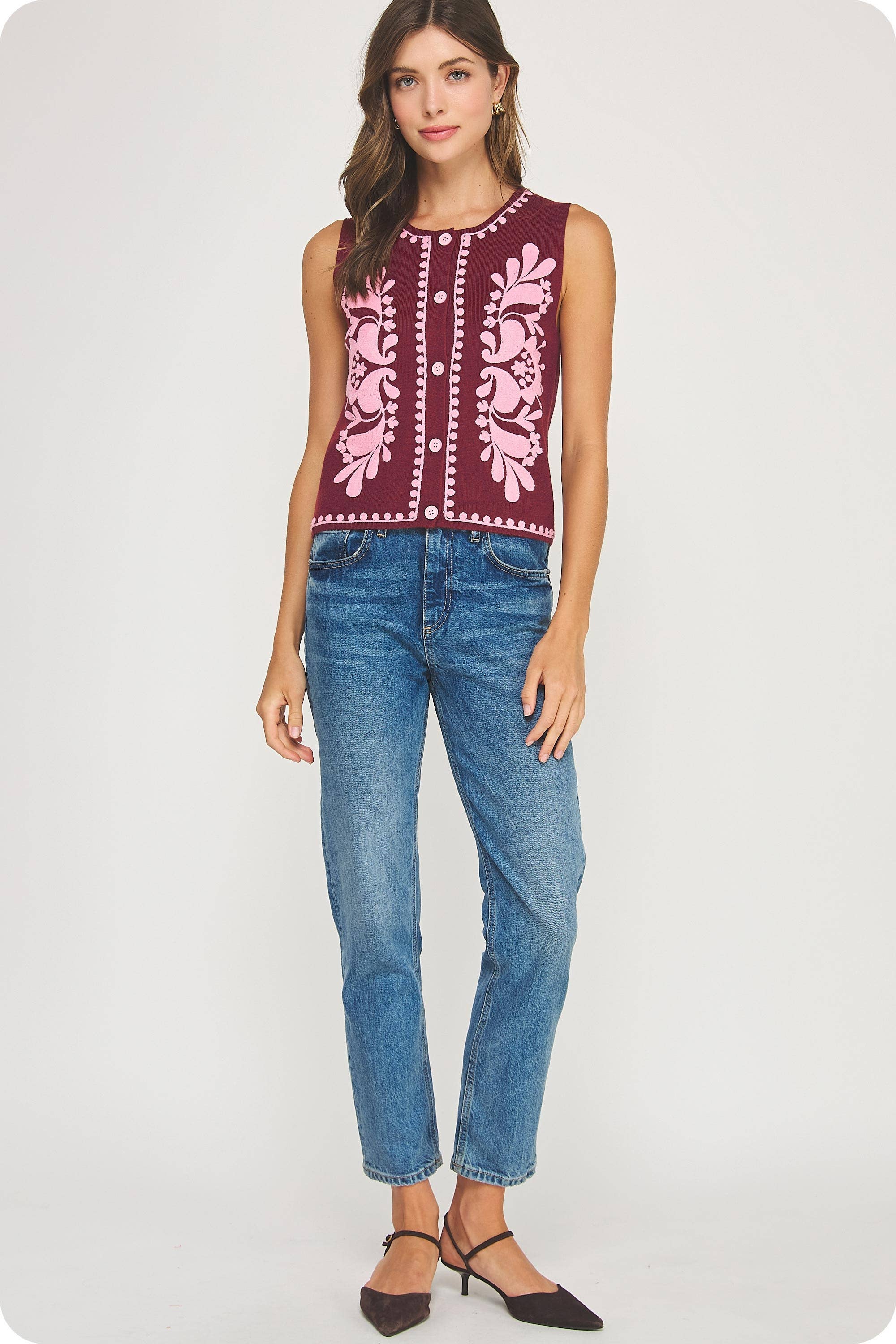 Strut & Bolt - Venta al por mayor Chaleco de abrigo - Mujer - Top sin mangas de punto con bordado floral22