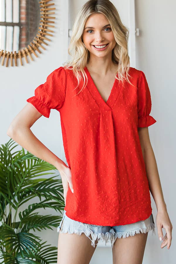 7th Ray - Vendita all'ingrosso Camicetta - Donna - Blusa a maniche corte con volant e scollo a V con pois svizzeri T468319