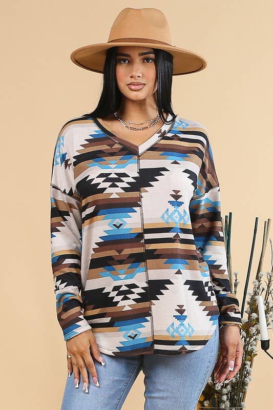 MARRÓN/TURQUESA AV1146-TOP CON DETALLE DE PESPUNTES Y ESTAMPADO AZTECA MEGAN de venta al por mayor en Faire5