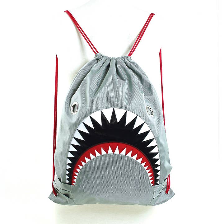 Unisex Water Resistant Nylon Shark Bite Jaws Drawstring Knap Sack Back Pack (Grey) for wholesale by COMECO INC