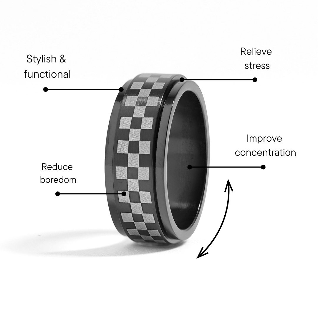 WJW - Wholesale Band/Stacked Ring - Black Checker Stainless Steel Spinner Ring4