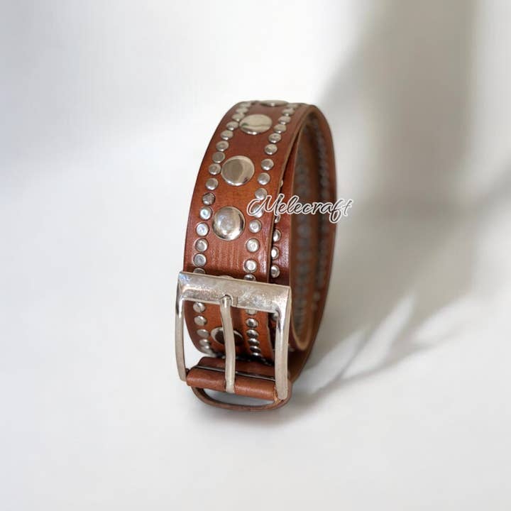 Melecraft – wholesale Belt – Unisex – Brown Leather Belt with Metallic Studs – Handmade3