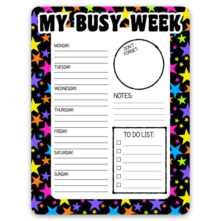 MY BUSY WEEK NEON STARS LAMINATED DRY ERASE BOARD for wholesale by Namedrops