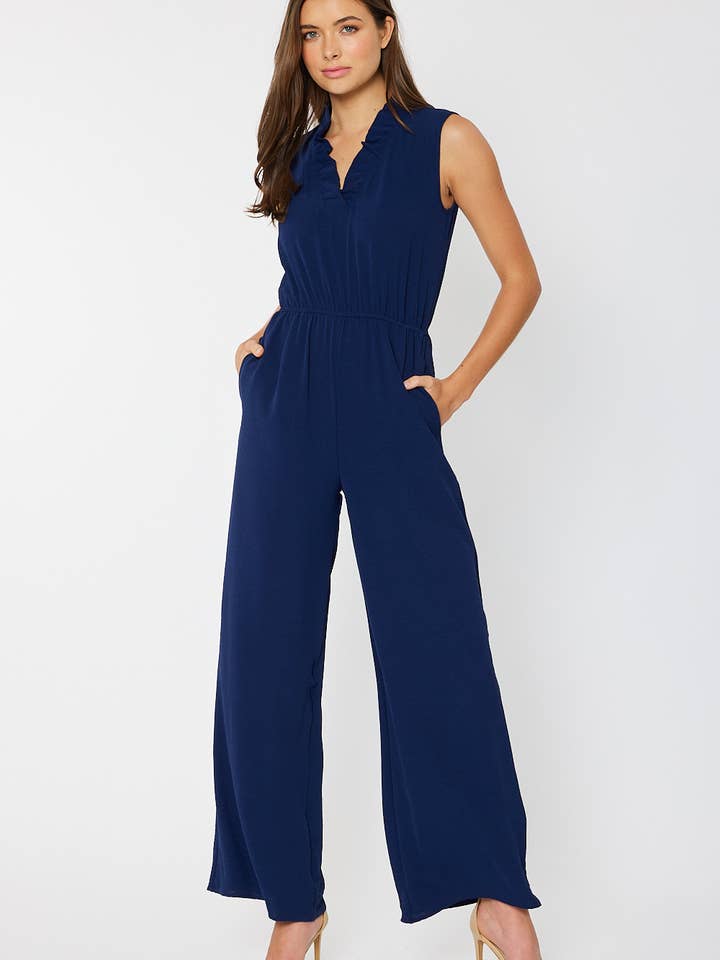SR9057 - RUFFLED V NECK JUMPSUIT WITH ELASTIC WAISTBAND for wholesale by FSL Apparel