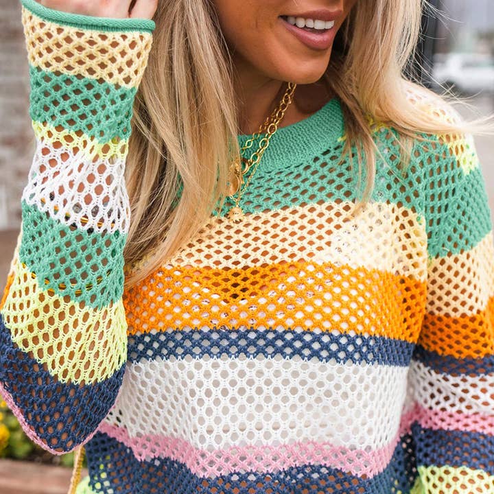 Green Colorblock Patchwork Knit Crochet Eyelet Sweater for wholesale by Azzurro