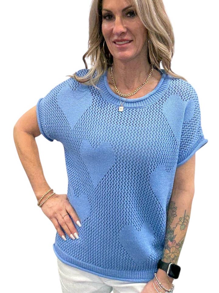 NS2167-O - Ocean - Kortærmet Crew V-hals Hjerte Sweater A3772 for engroshandel hos K & C Clothing, Inc.