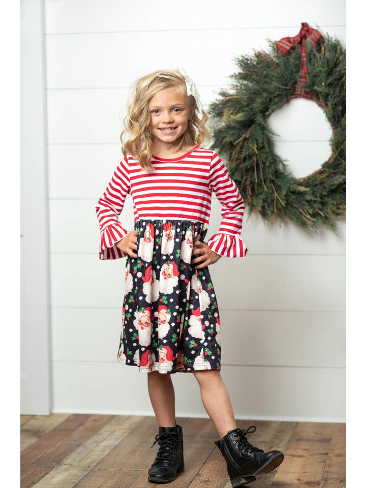 Adorable Sweetness - Wholesale Dress - Kids - Kids Santa Candy Cane Stripe Holiday Ruffle Twirl Dress