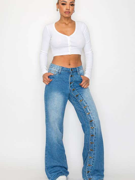 Machine Jeans - Wholesale Jeans - Women's - Vivian Button Wide-Leg Jeans