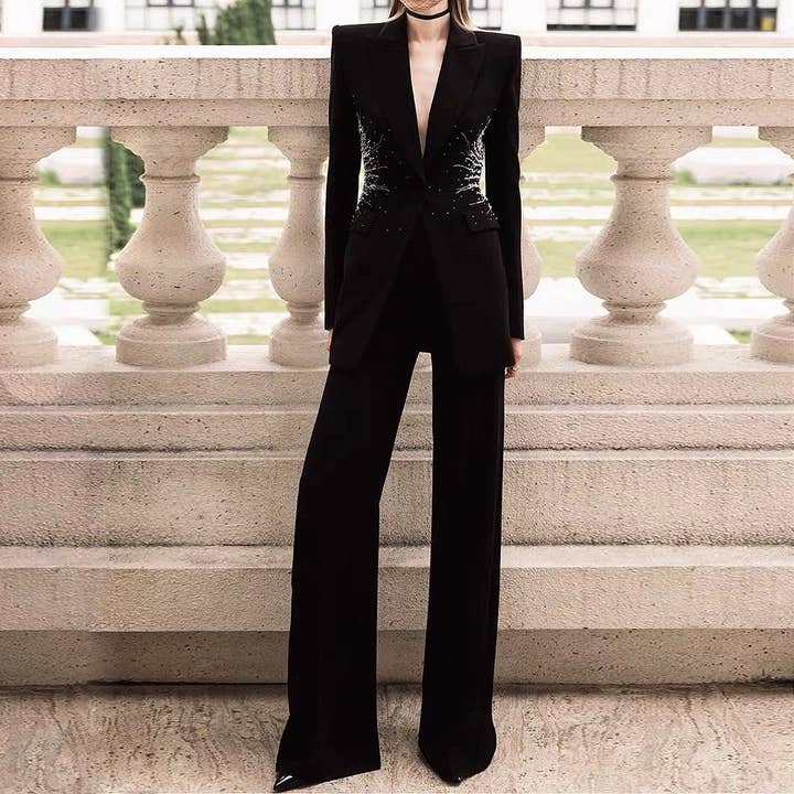 Preto Conjunto de Duas Peças com Missangas Outono Inverno para Mulheres Conjunto de Calças para Trabalho para venda a revendedores na Faire