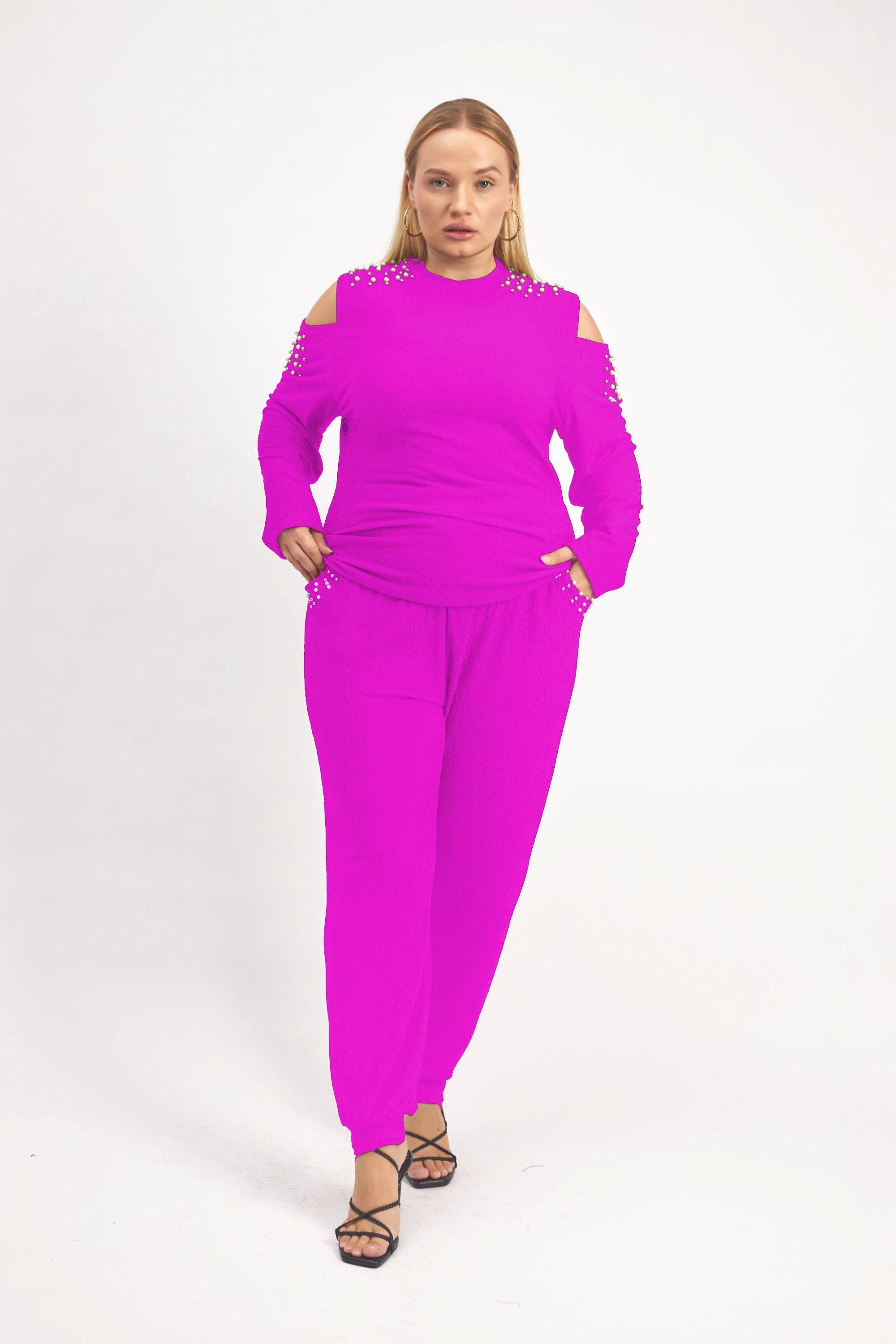 KaraChic - Vente Ensemble haut et pantalon (PAS d'intérieur) - Femme - 24029 - Ensemble 2 pièces épaules dénudées perle et manches longues8