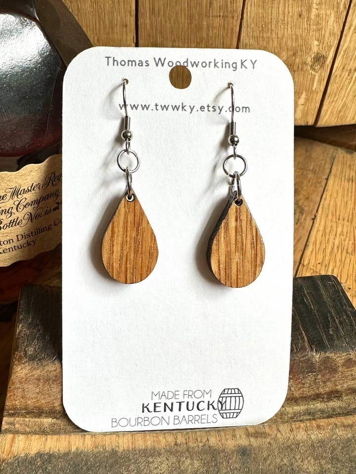 Wood Kentucky Rain Drop Bourbon Barrel Earrings for wholesale by TWWKY