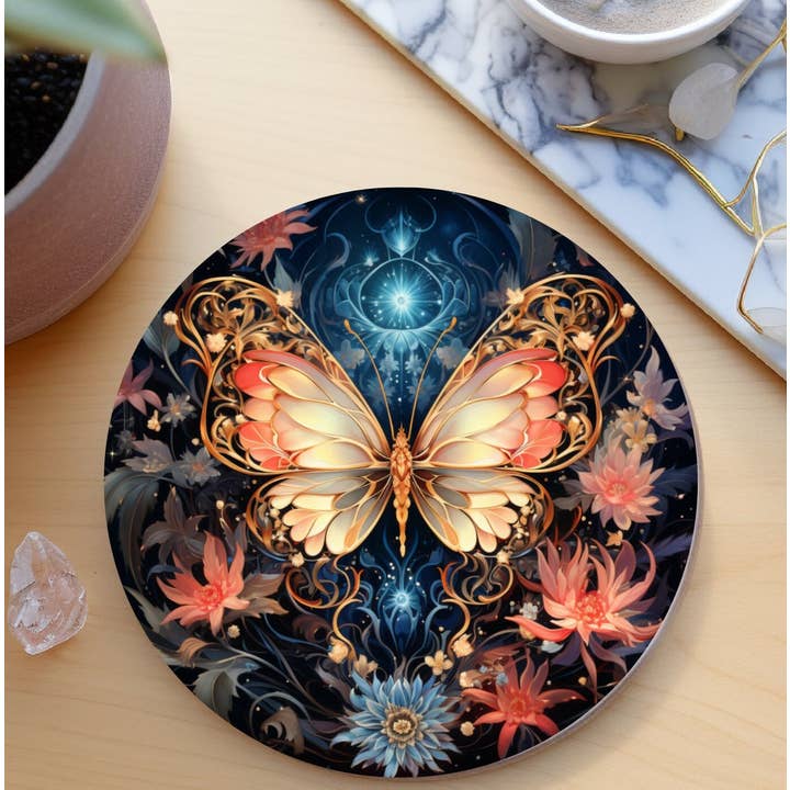 Fernville Creations - Wholesale Coasters - Butterfly Ceramic Coaster, Coral & Gold Nature Decor8