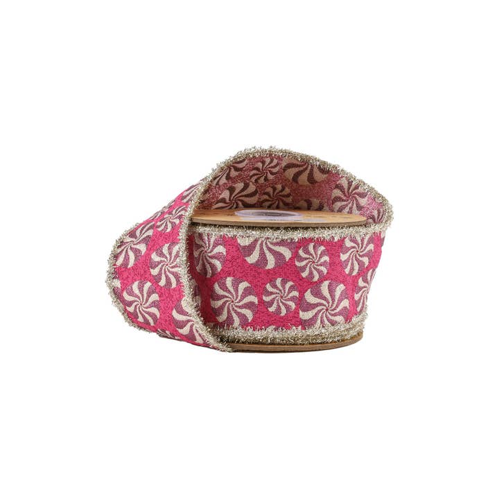 LA Ribbons Wholesale - Wholesale Ribbon - Gift Wrapping - Wired Jacquard Ribbon Peppermint Fuschia Tinsel Edge 5yd