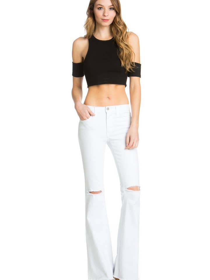 Drift Away Black Knee Slit Denim Flare Jeans White for wholesale by O2 Denim