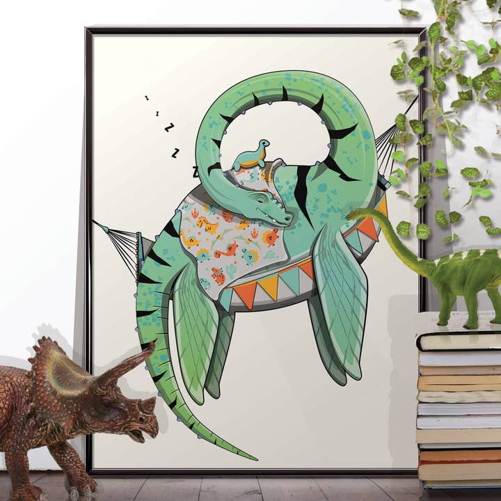 Plesiosaur in bed, sleeping, bedroom poster for wholesale by In The Washroom