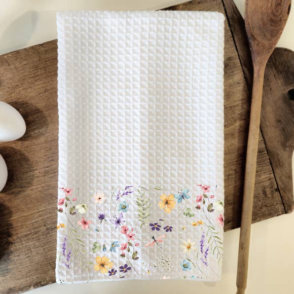 Watercolor Wildflowers Waffle Weave Dish Towel Tea Towel for wholesale by Prairie Chicken Sticker Shop & Gifts