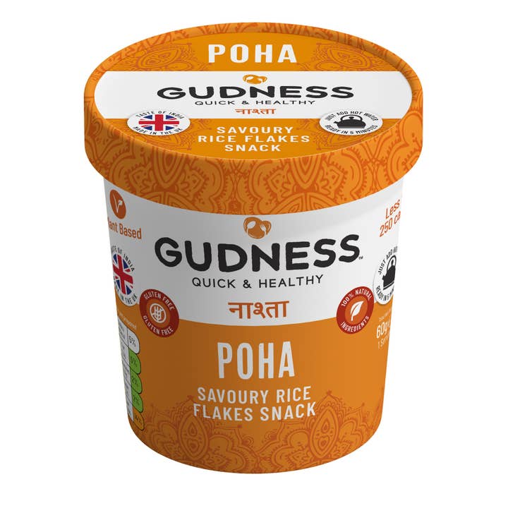 Gudness – wholesale Breakfast cereal – Gudness Poha - Vegan Savoury snack ( x 8 Pots)