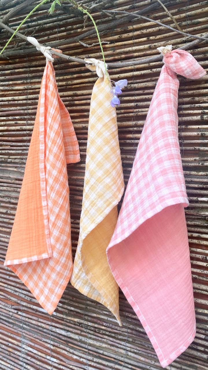 CHARMY - Wholesale Dishcloth - 3 hand towels in double gauze cotton fabric with Vichy Clémentine, Wheat, Candy Pink pattern made in France2
