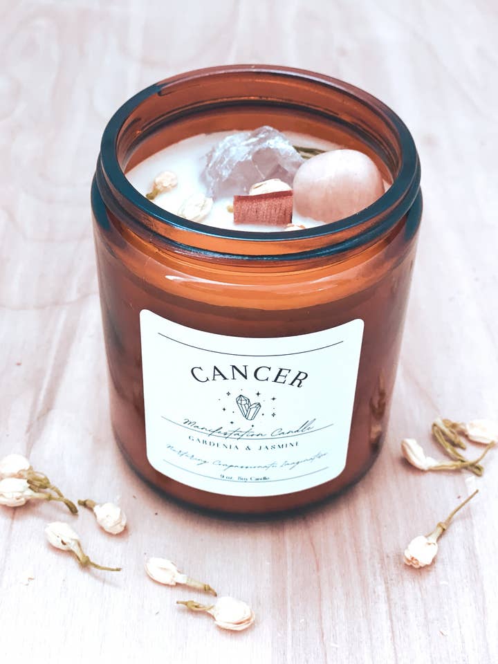 Cancer Manifestation Candle / 9oz Soy Candle with Crystals for wholesale by Juniper and Iris