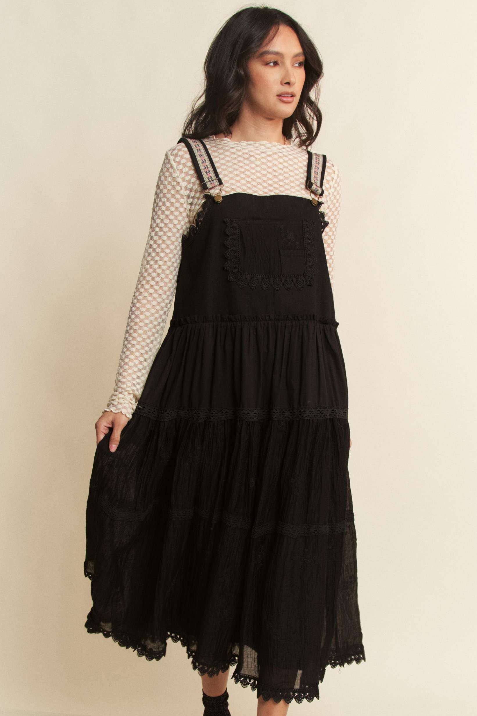 Davi & Dani - Wholesale Dress - Women's - FRONT POCKET EMBROIDERED LACE PINAFORE DRESS1