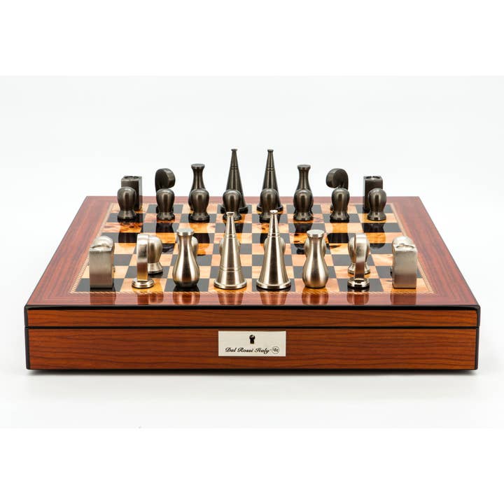 Walnut 20" Chess Set with Storage, 90mm Metal Pieces for wholesale by Dal Rossi Italy
