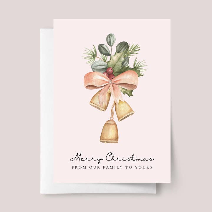 Cartão de Natal com Laço Cor-de-Rosa, Sinos e Azevinho por atacado de Design Sprinkles