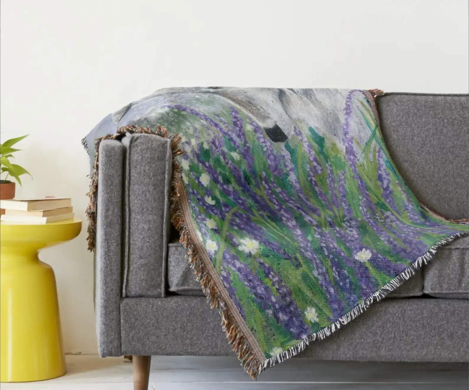 Blue Lavender Wolf Cottagecore Woven Afghan Blanket Tapestry for wholesale on Faire2