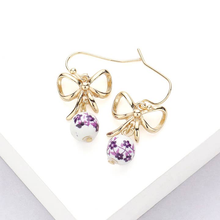 Sensibling Corp. - Wholesale Dangle Earrings - Metal Bow Pointed Floral Pattern Ceramic Ball Dangle Earring