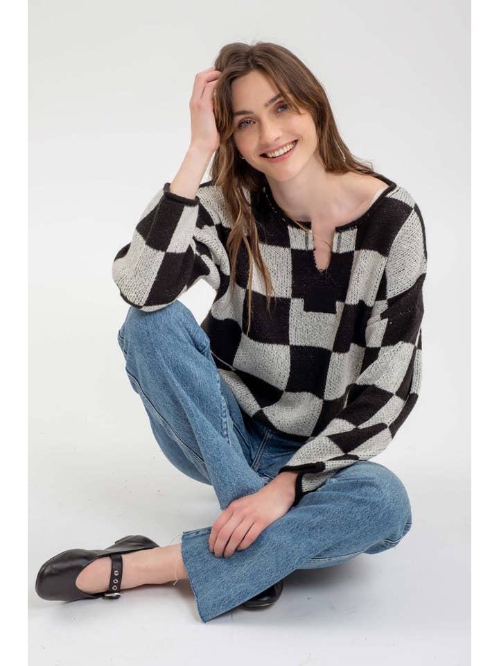 Blu Pepper - Wholesale Knit Sweater - Women's - CHECKERED SPLIT NECK LONG SLEEVE KNIT SWEATER