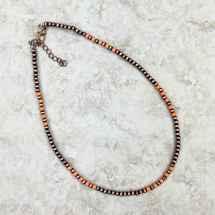NKS230603-02-ORANGE 16 inches 4mm orange stone with cooper Navajo pearl bead Necklace for wholesale by Western Elite Jewelry
