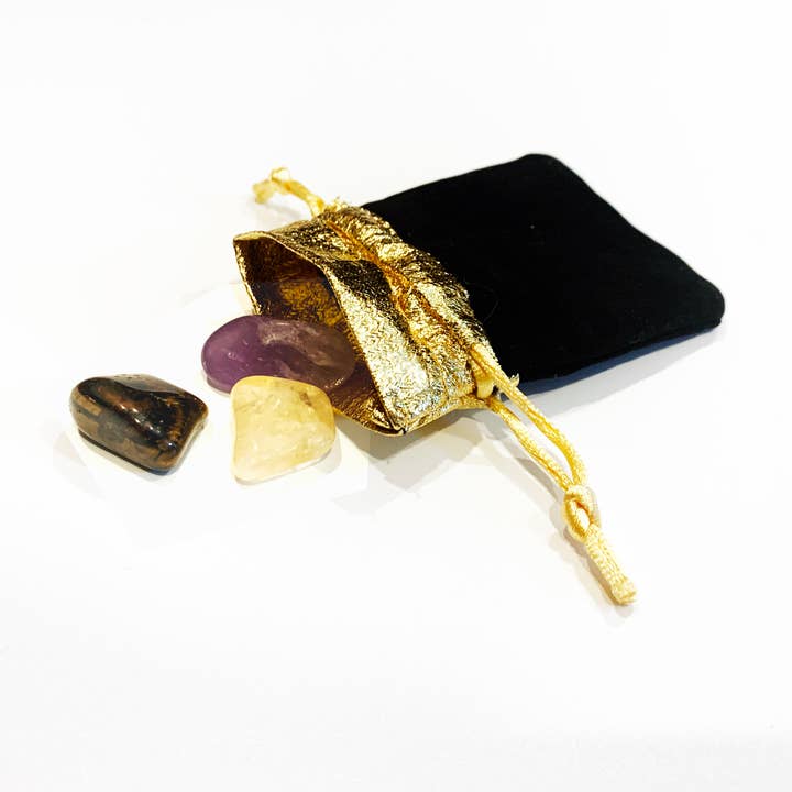 Crystal Pouch - Includes Tiger Eye, Citrine and Amethyst for wholesale by Blessed Ember