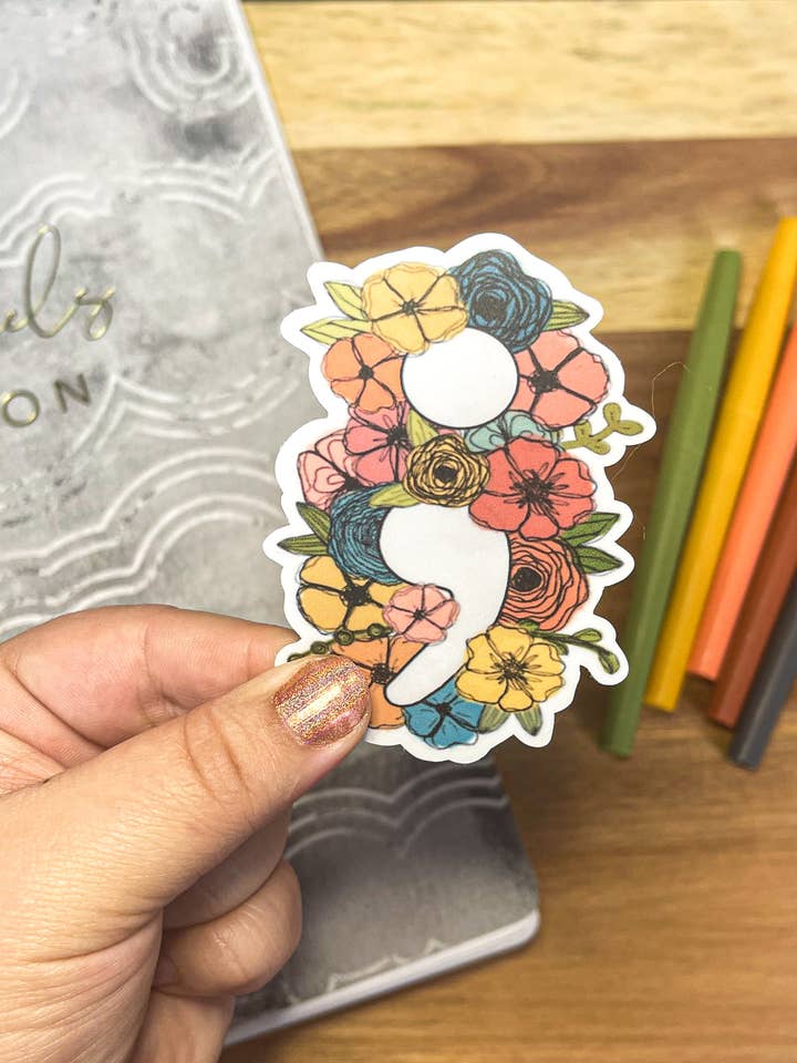 Floral Semicolon Sticker for wholesale by Sharp Thoughtlings
