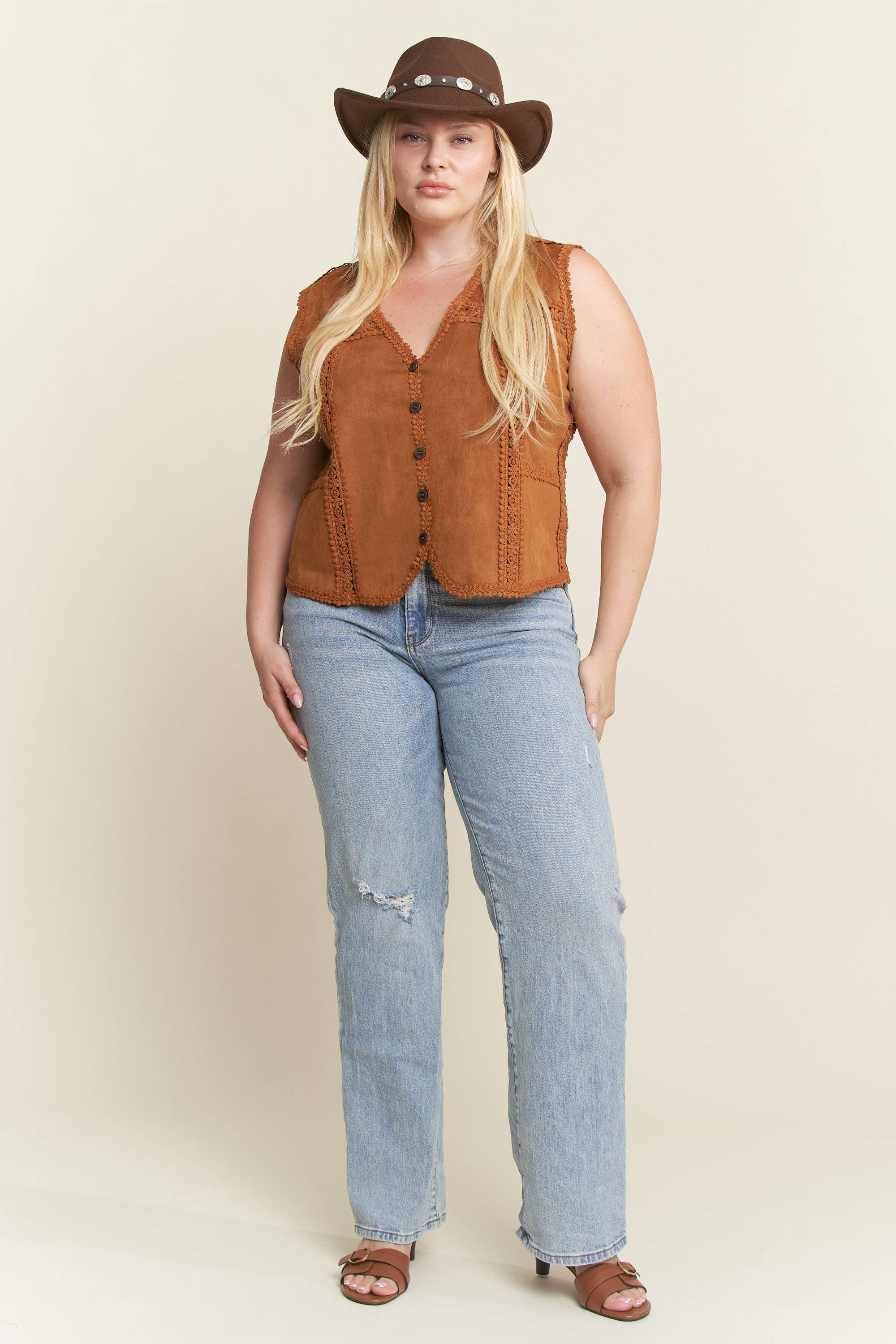 JADE BY JANE PLUS - Wholesale Outerwear Vest - Women's - PLUS SIZE SUEDE VEST WITH LACE TRIM3