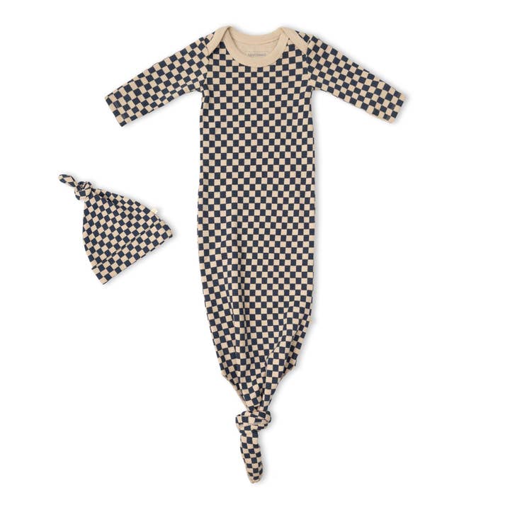 Organic Knotted Baby Gown - Midnight Check for wholesale by Makemake Organics