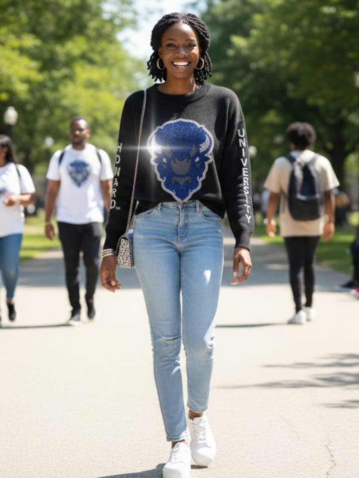 Licensed Game Day Sweater, Crewneck Black, Howard University Bison for wholesale by Moving Forward Designs