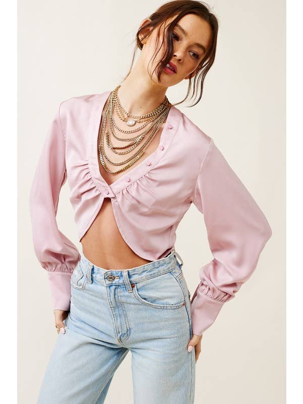 Mimosa - Wholesale Blouse - Women's - V neck Satin Crop Blouse with Button Accents5